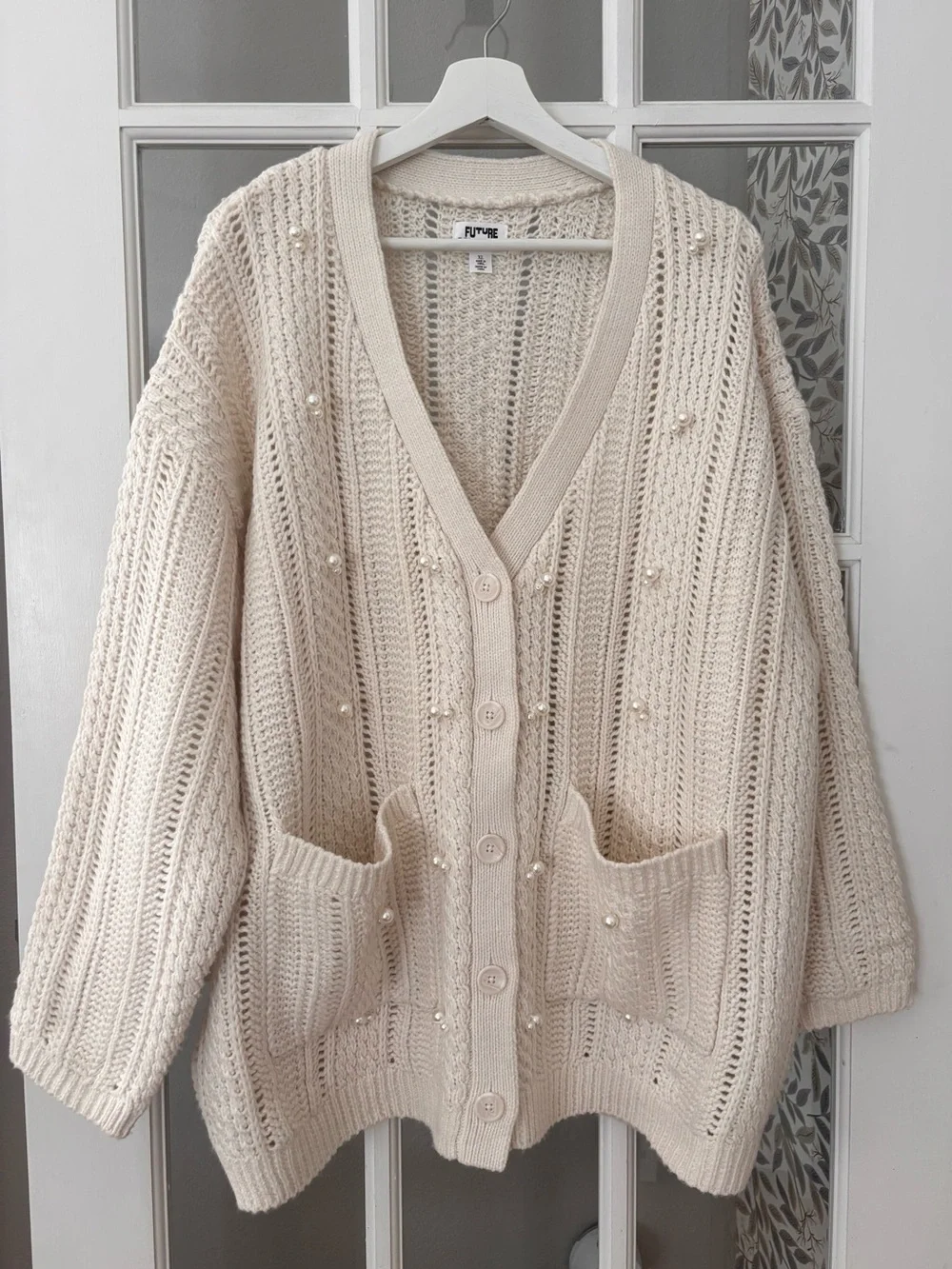 FUTURE COLLECTIVE Oversized Chunky Cardigan Sweater w/ Faux Pearl Accents Sz XXL